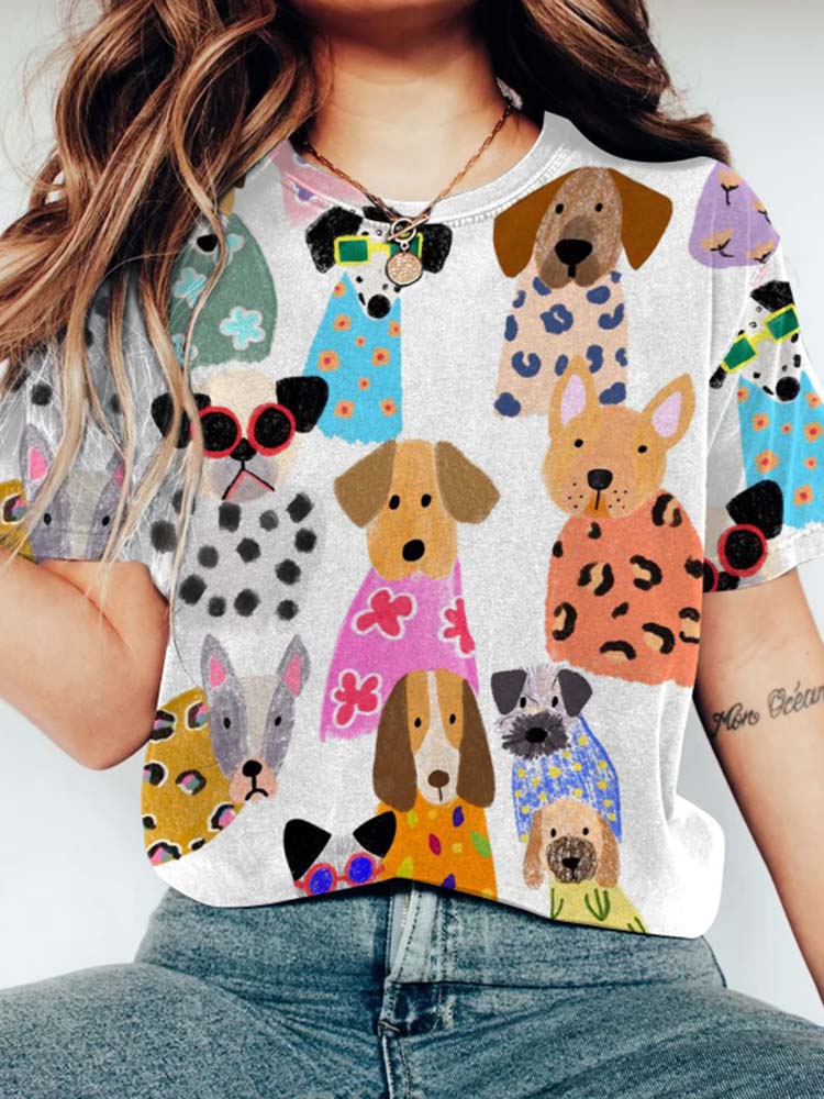 Comstylish Funny Colorful Puppy Print Casual Short Sleeve T-Shirt
