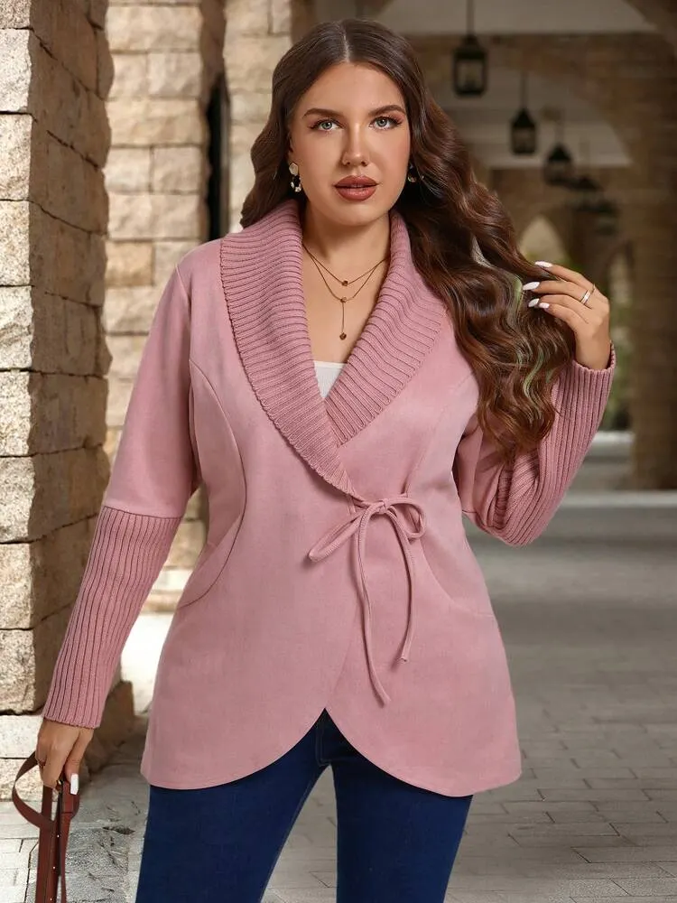 Plus Size Casual Solid Color Shawl Collar Tie Wrap Outerwear, Autumn