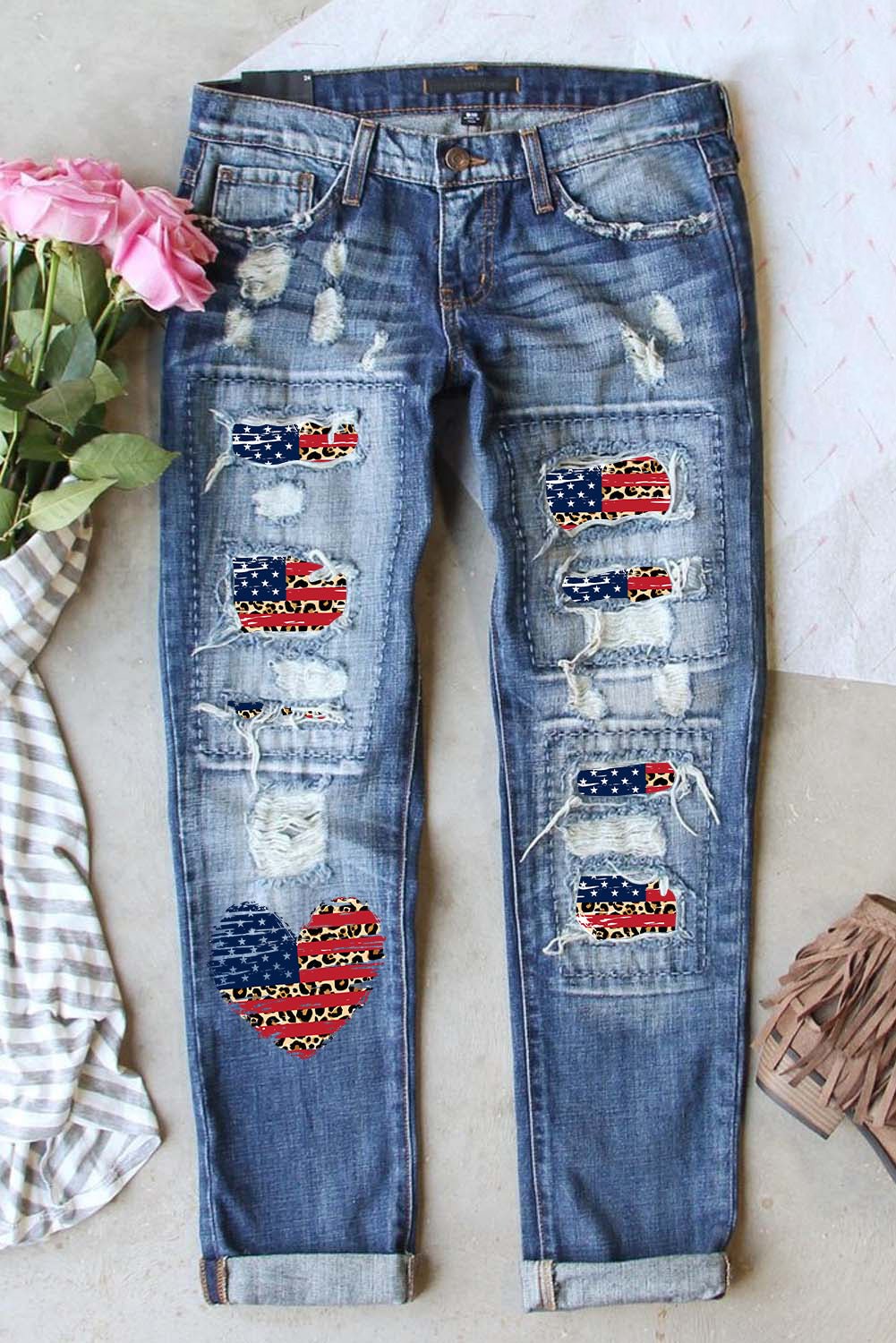 American Flag Leopard Heart Shape Patchwork Distressed Jeans