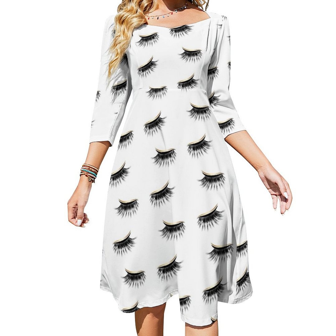 Modern Gold Eyelash Extensions Lashes Queen Dress Sweetheart Tie Back Flared 3/4 Sleeve Midi Dresses