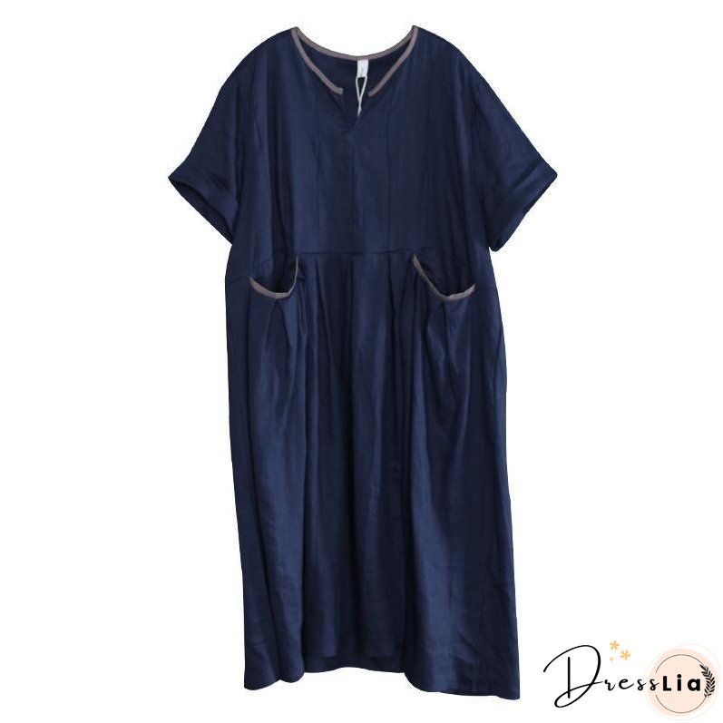 V-Neck Pleated Solid Color Loose Dress