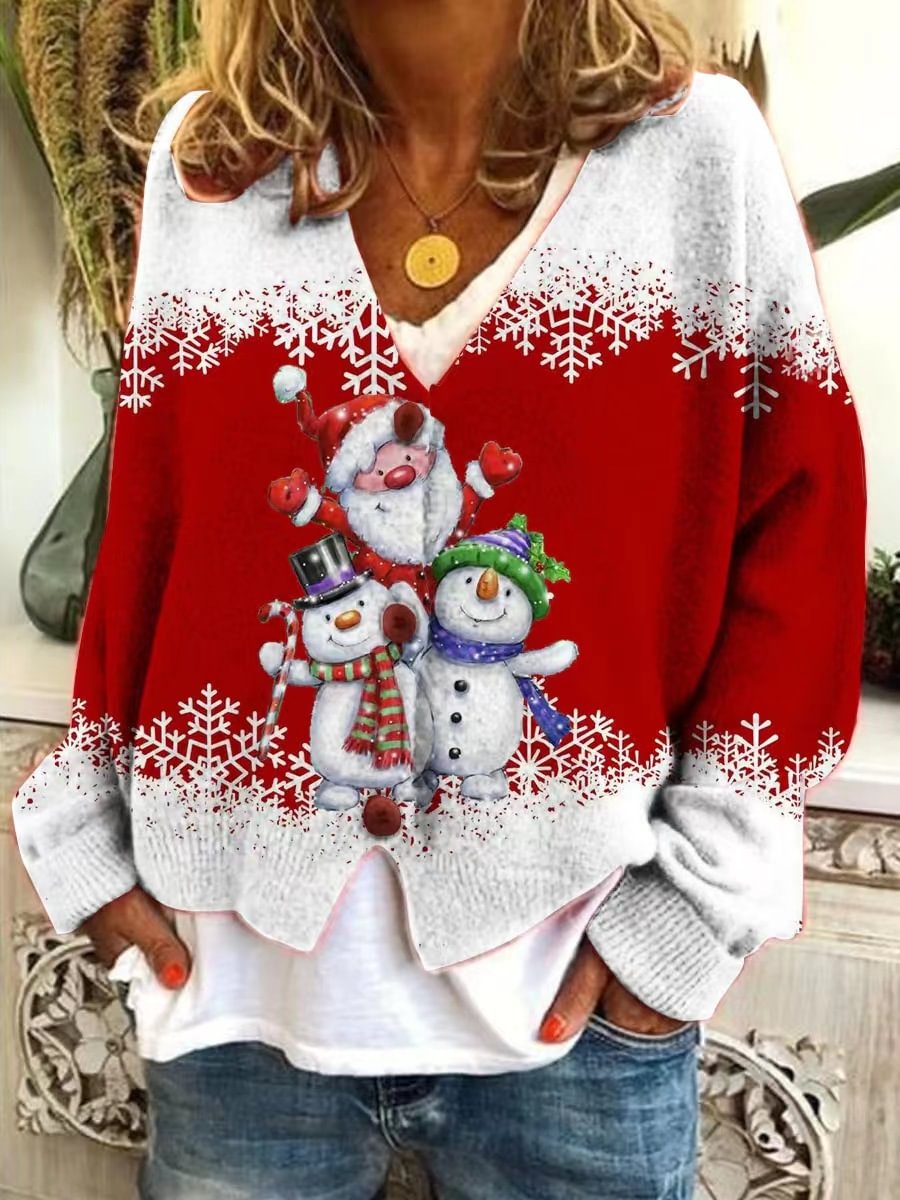 Christmas Snowman Print Single-breasted Knit Cardigan