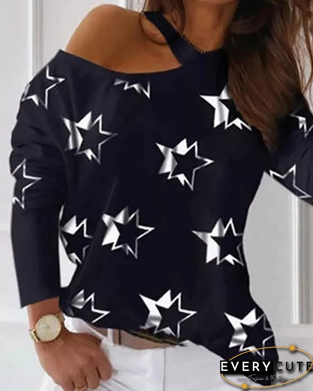 Star Print Cold Shoulder Casual T-shirt P15476