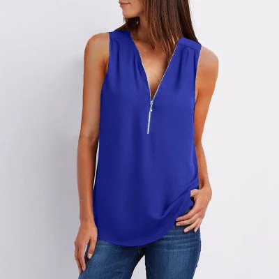 V-neck zipper sleeveless loose chiffon tank top