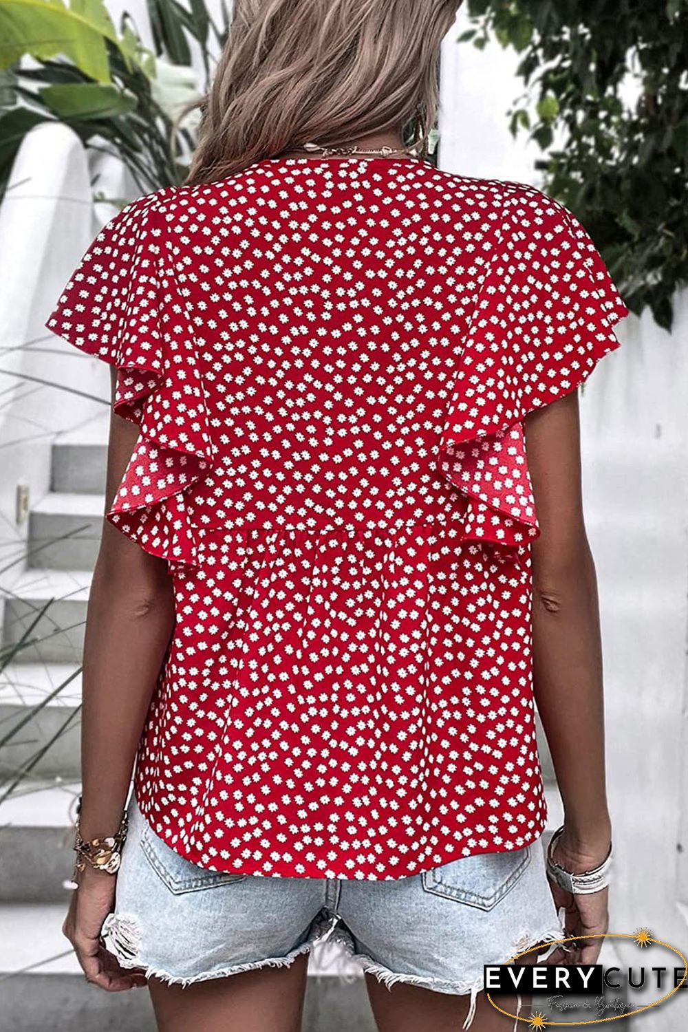 Red Floral Print Ruffle Sleeve Blouse