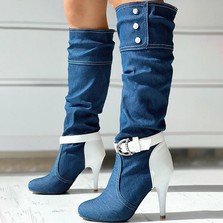 Blue & White Denim Boots Women's Stiletto Buckle Heel Knee Boots |FSJ Shoes