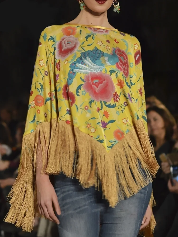 Fashionable Floral Patchwork Fringed Hem 3/4 Sleeve Blouse