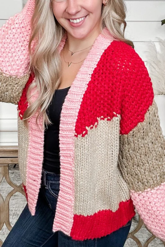 Retro casual pink contrast wool cardigan jacket