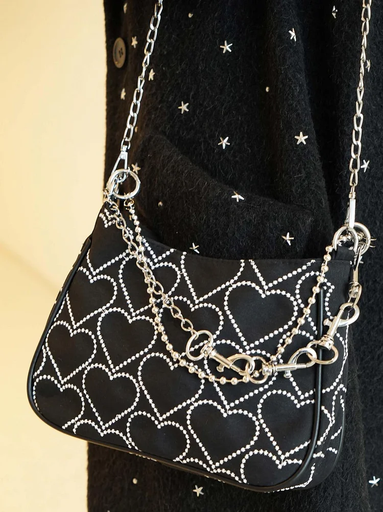 Heart Embroidery Chain Decor Zipper Bag shopify Stunahome.com