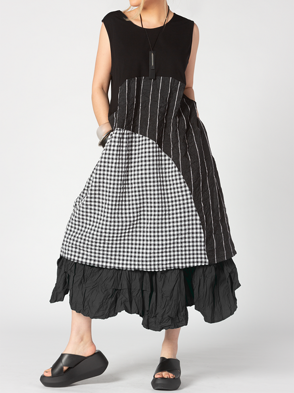 Loose Print Patchwork Side Pockets Dress
