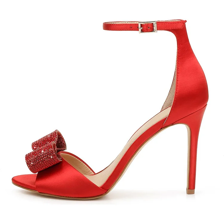 Red Rhinestone Stiletto Heel Bow Ankle Strap Sandals Vdcoo