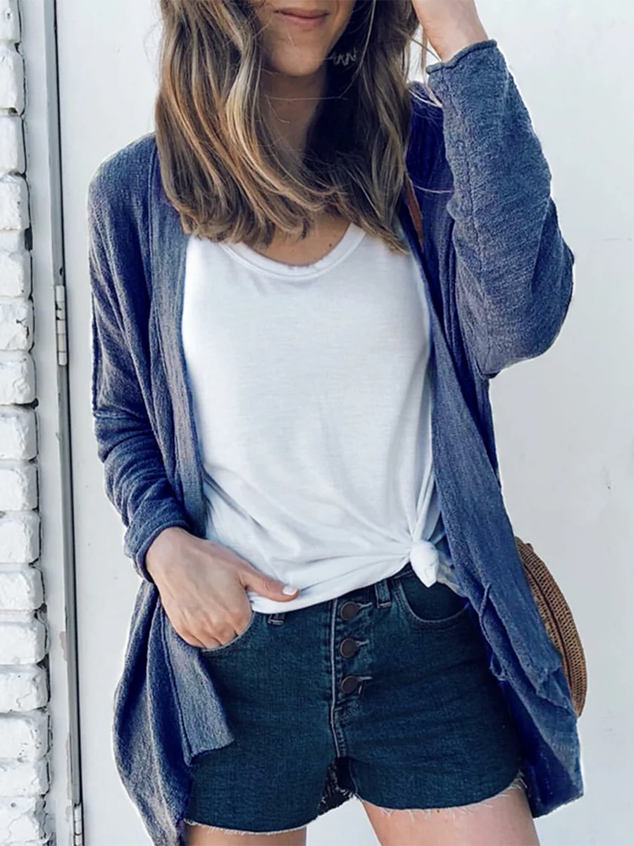 Knitted Solid Color Irregular Hem Cardigan