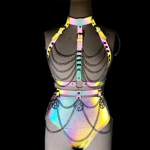 pornhint Pornhint Rainbow Reflective Fetish Harness, Women Rainbow Reflective Lingerie Harness ,Pole Dance Wear, Sexy Burning Man Festival Costume
