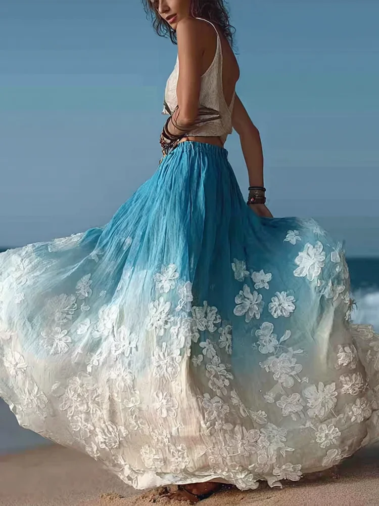 Bohemian Style Plant Flower Gradient Color Half-length Dress