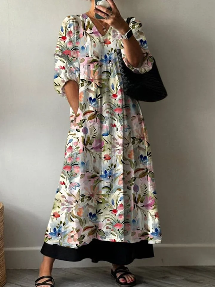 Watercolor Floral Repeat Pattern Printed Women's Pocket V-Neck Cotton Dress
