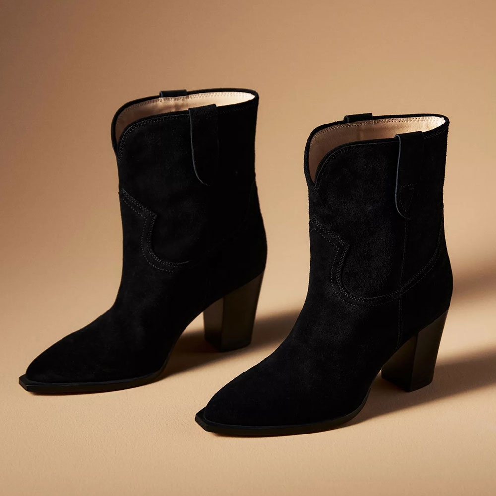 Black Vegan Suede Pull-on Block Heel Western Boots for Women
