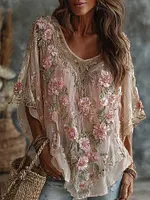 Women's Floral Embroidered Art Flowy Linen Blend Short Sleeve Casual Tops