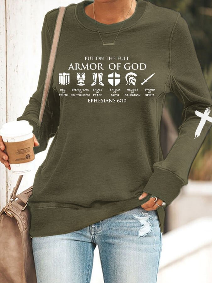 Women's Put on The Full Armor of God Print Sweatshirt socialshop