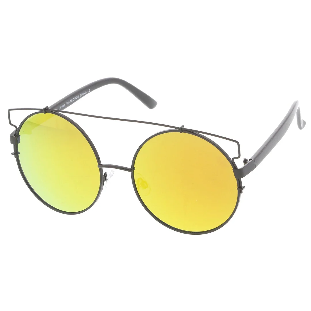 Oversize Metal Frame Horn Rimmed Crossbar Mirror Flat Lens Round glasses 62mm