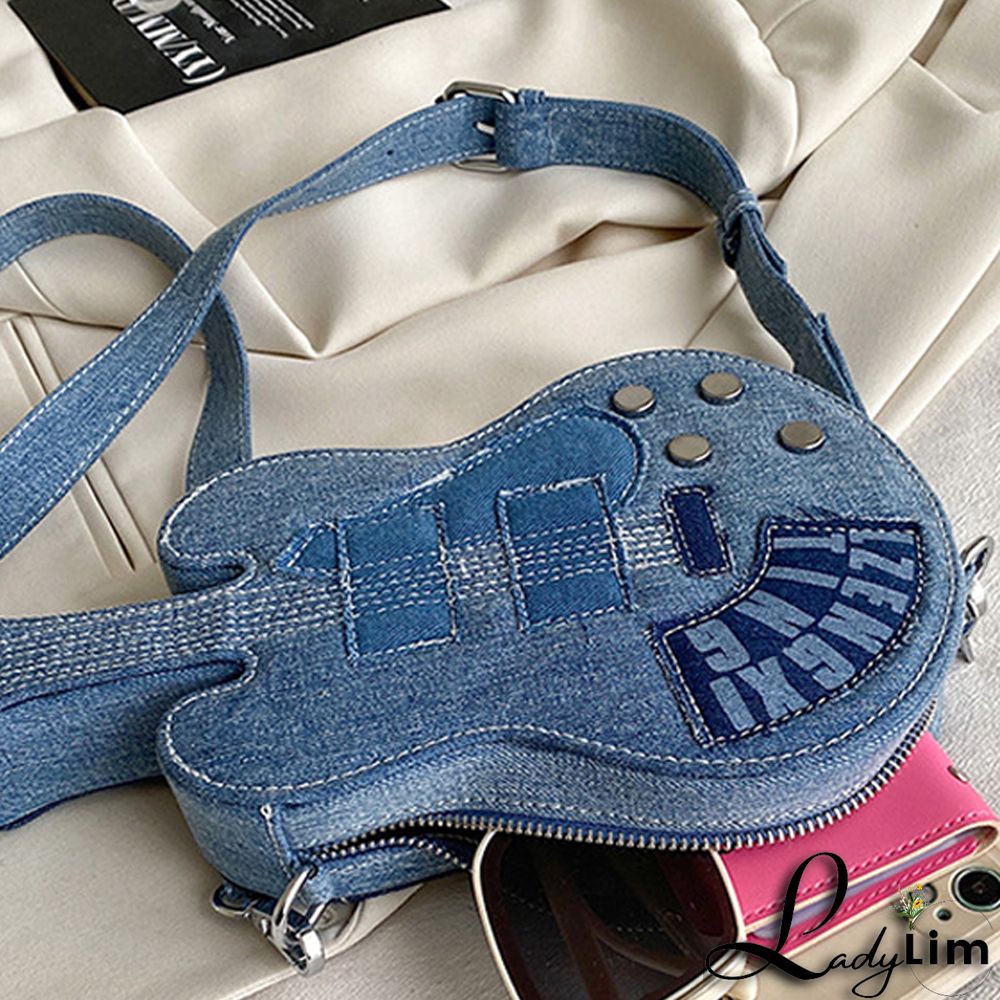 Blue Casual Patchwork Zipper Violin Messenger Bag