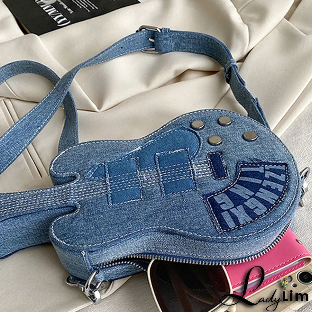 Blue Casual Patchwork Zipper Violin Messenger Bag