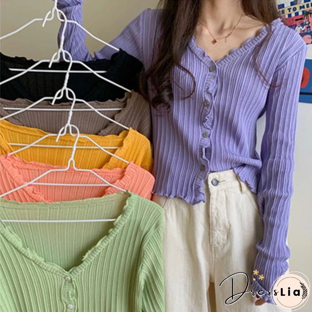 Women's V-neck Long-sleeved Thin Cardigan Short Loose Lazy Top Spring and Autumn