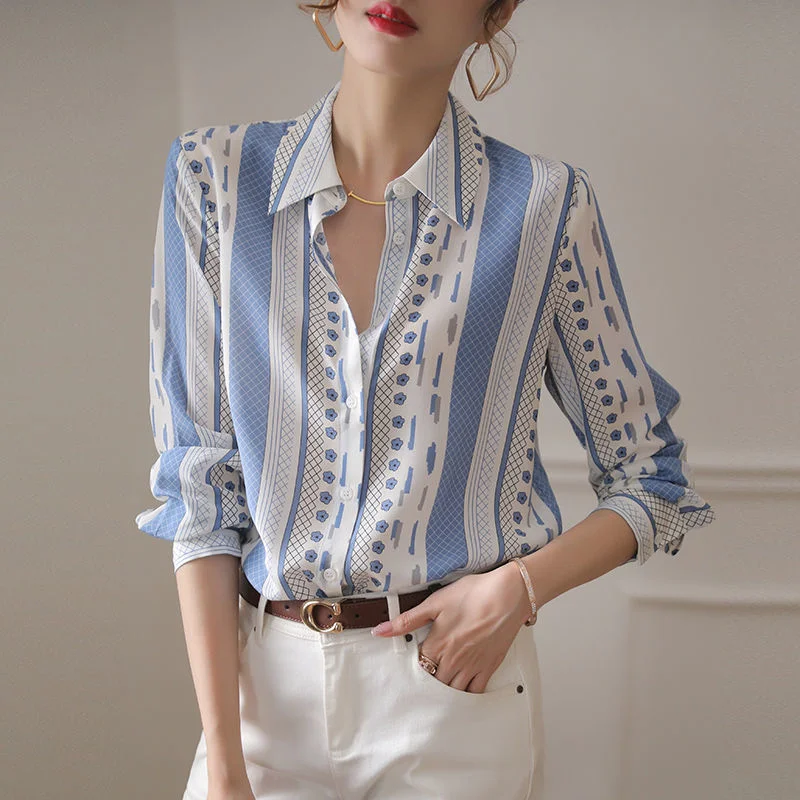 Jangj New Contrast Color Blue and White Vertical Chiffon Shirt Long Sleeve Design Blouse for Female Korean Style Design Shirt