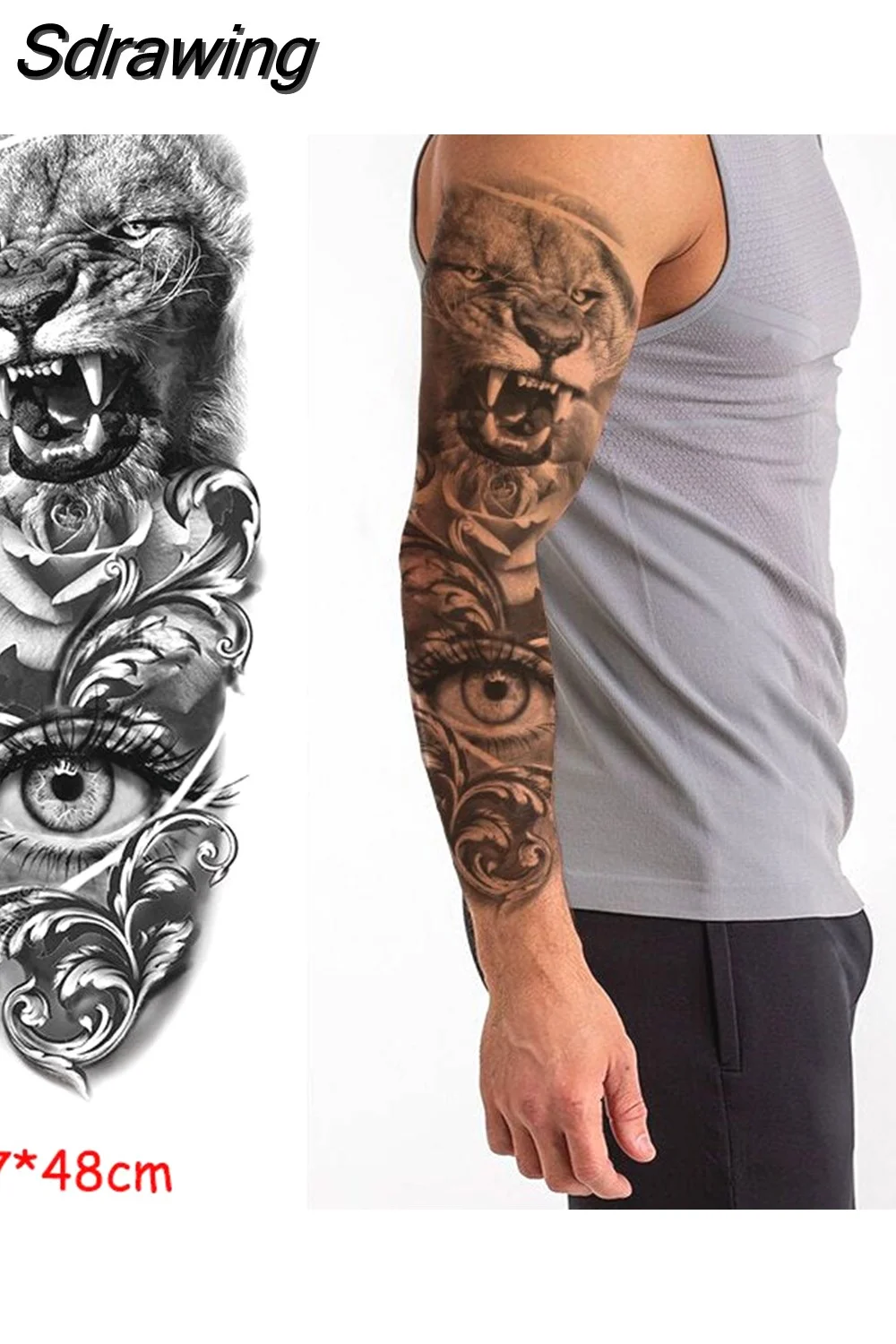 Sdrawing temporary tattoo sticker full arm lion king angel warrior lightning tree flower fake tatto flash tatoo to man woman 430-1