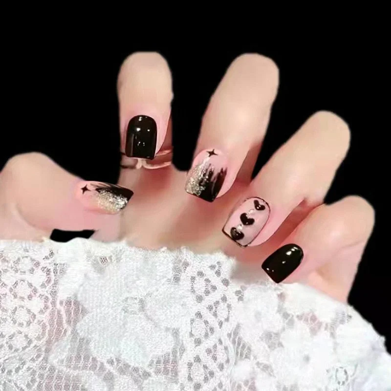 24Pcs Coffee Color With Grids Heart Designs False Nail Full Cover Fake Nails with Glue Detachable Wearable Manicure Nail Tips-Nail Inspo