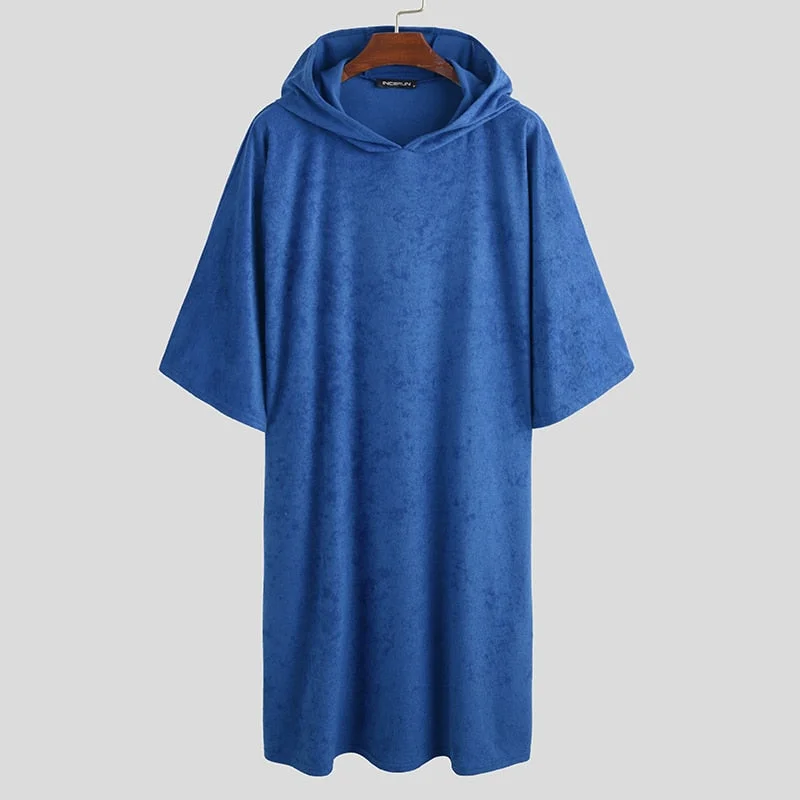 Men Bathrobes Homewear Hooded Half Sleeve Leisure Towel Robes Comfortable Solid Mens Nightgown Bathrobes Poncho INCERUN S-5XL 7