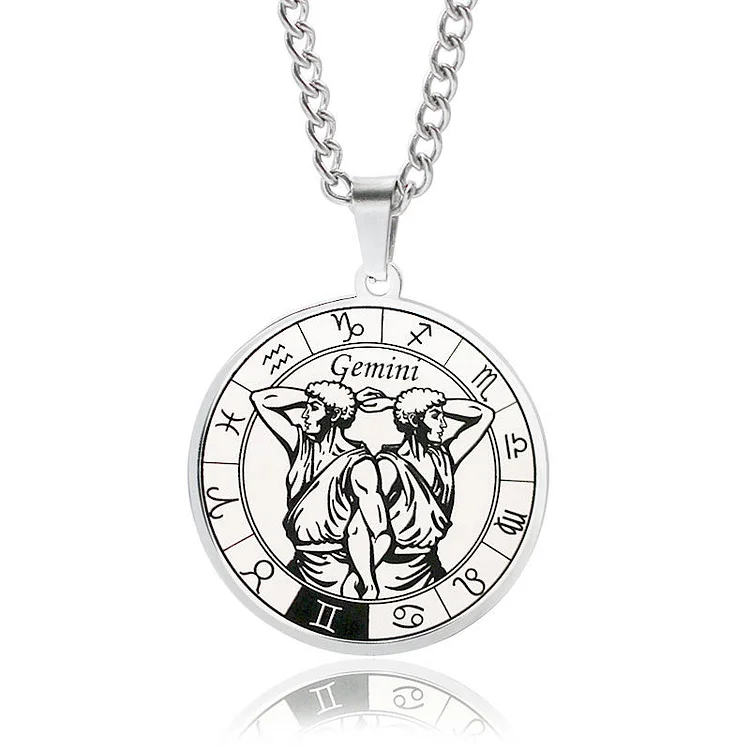 Gemini - Classic Zodiac Round Pendant Necklace in Steel 