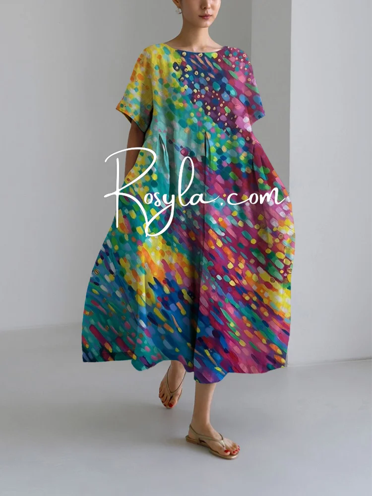 Women's Colorful Graffiti Print Loose Round Neck Medium Length Skirt Dress