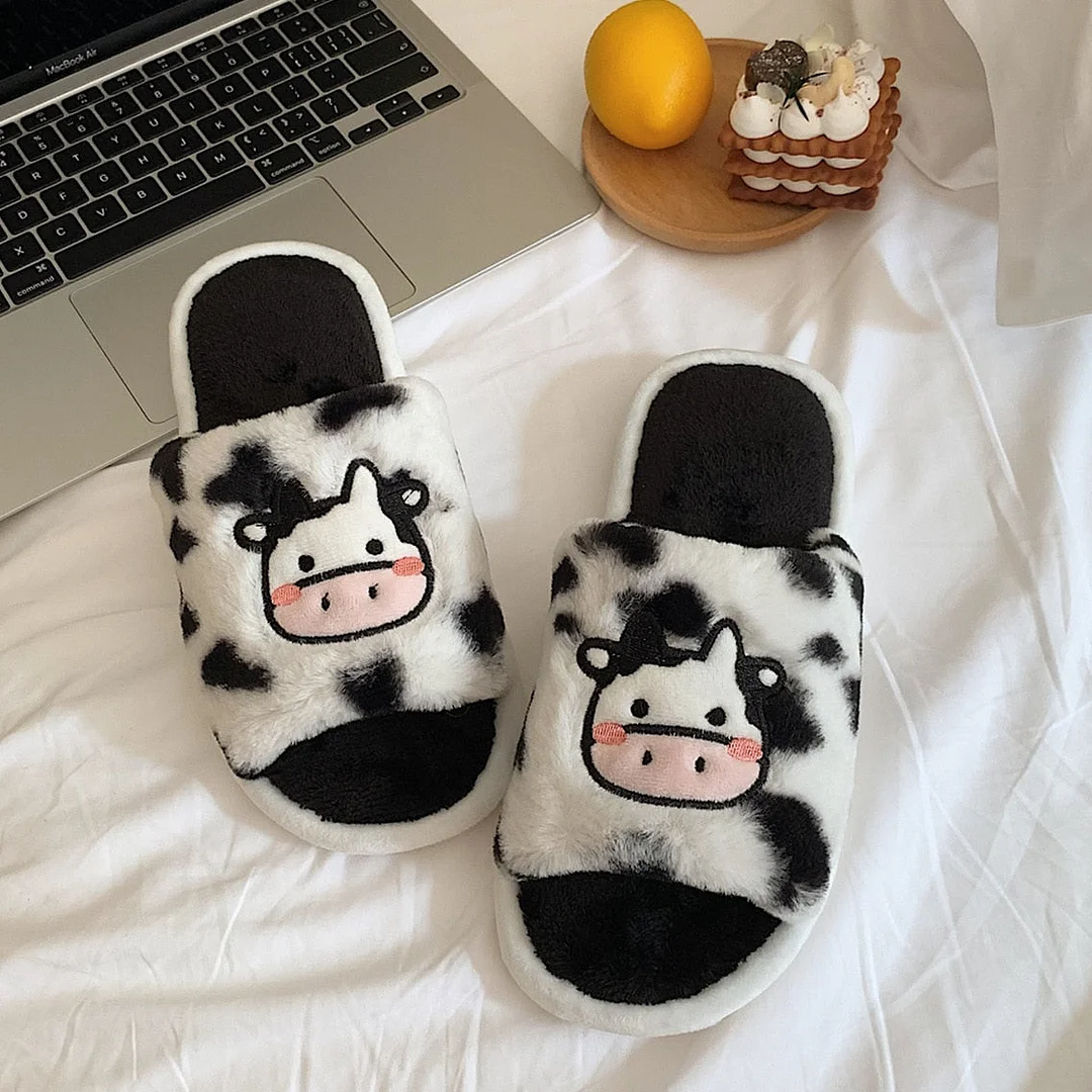 Kawaii Woman Slippers White Open-toe Cute Milk Cow Fluffy Slippers Winter Warm Fuzzy Indoor House Slippers Zapatillas Mujer