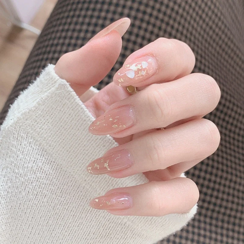 24pcs Gentle Nude Color Gradient Natural Paillette Decor Fake Nails Temperament Elegant Wearable Detachable Fingernail T-Nail Inspo