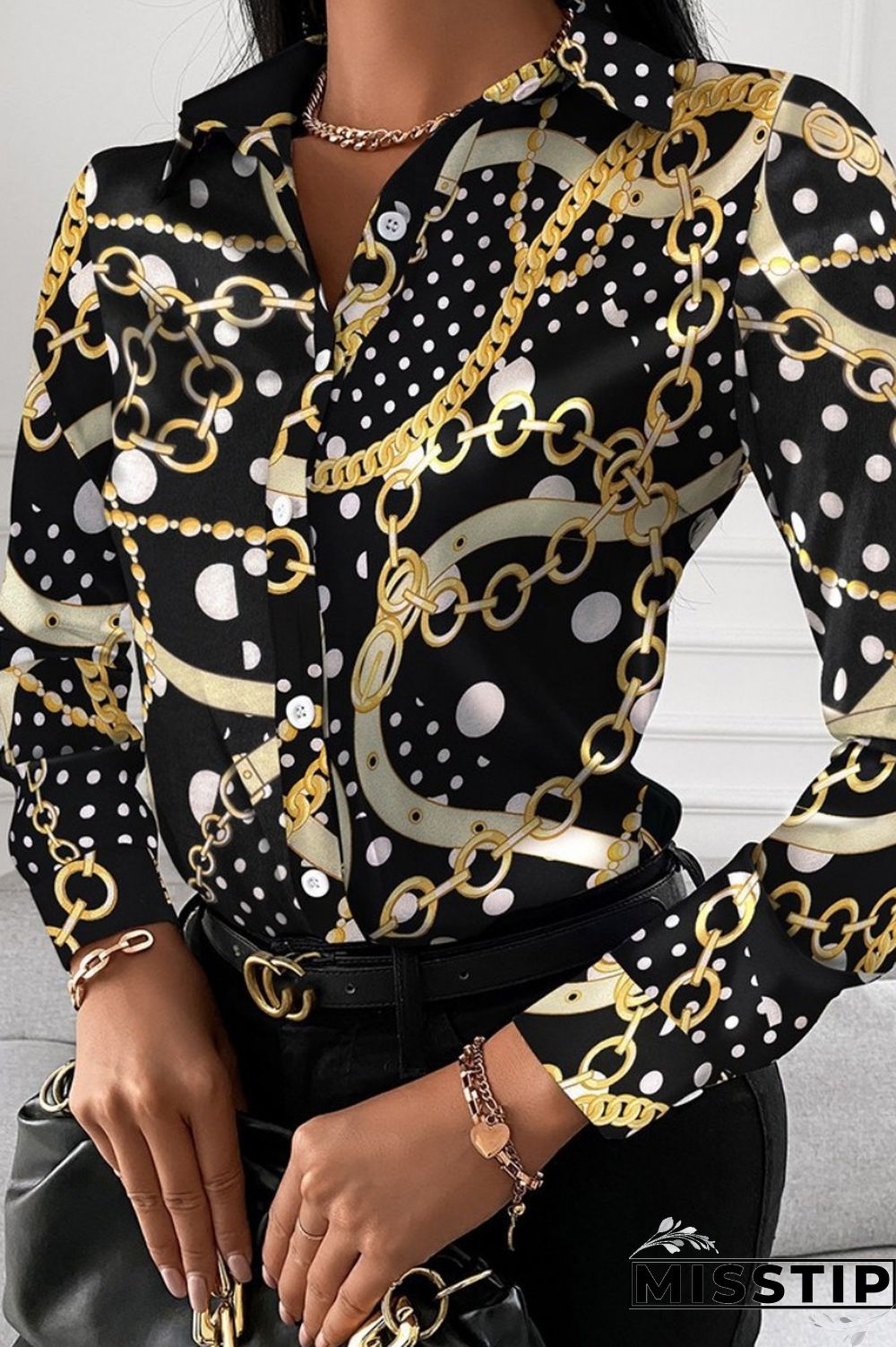 Black Red Casual Print Patchwork Shirt Collar Tops