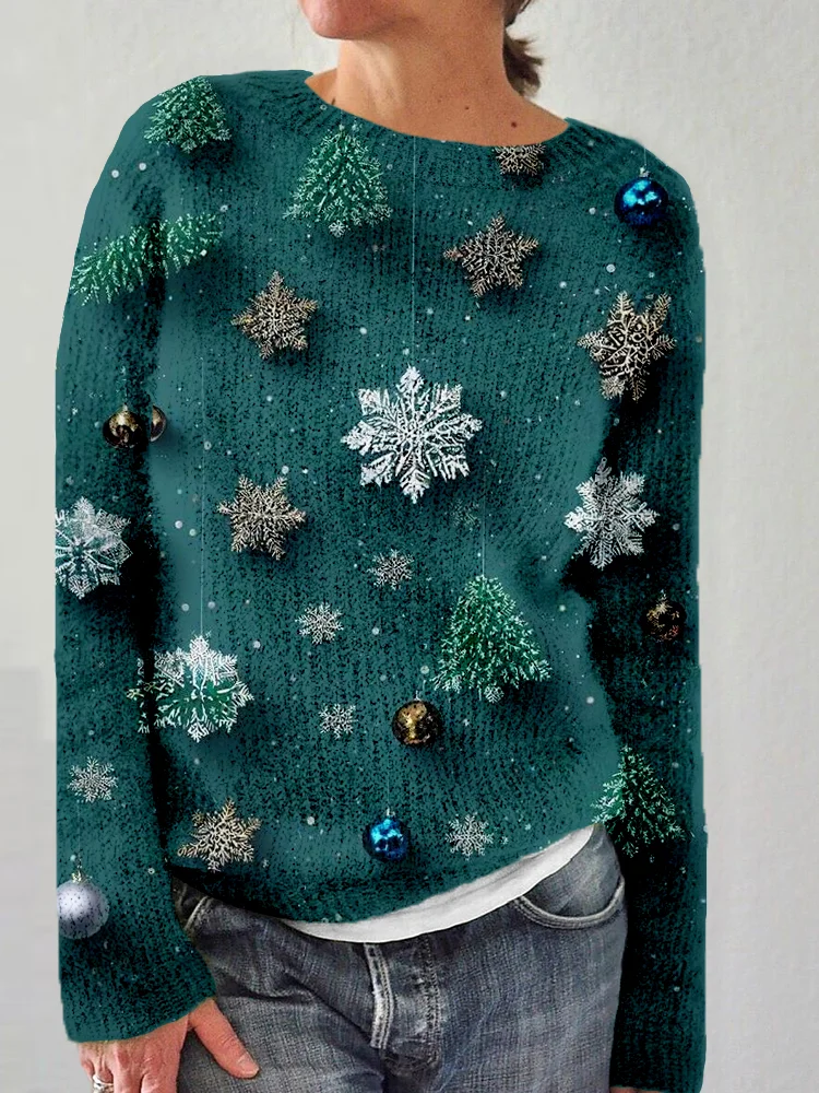 Comstylish Christmas Snowflake Pattern Crew Neck Comfy Sweater