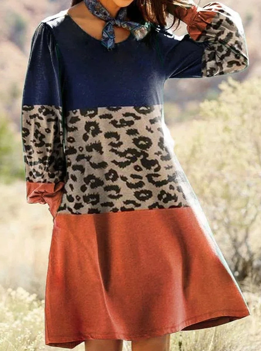 Casual Leopard Print Crew Long Sleeves Shift Dress | EGEMISS