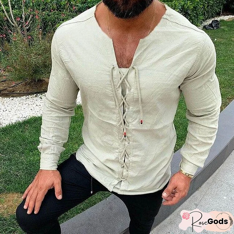 Men's Casual Pure Color Tether Cotton Linen Shirts Slim Fit Social Round Neck Blouses Top