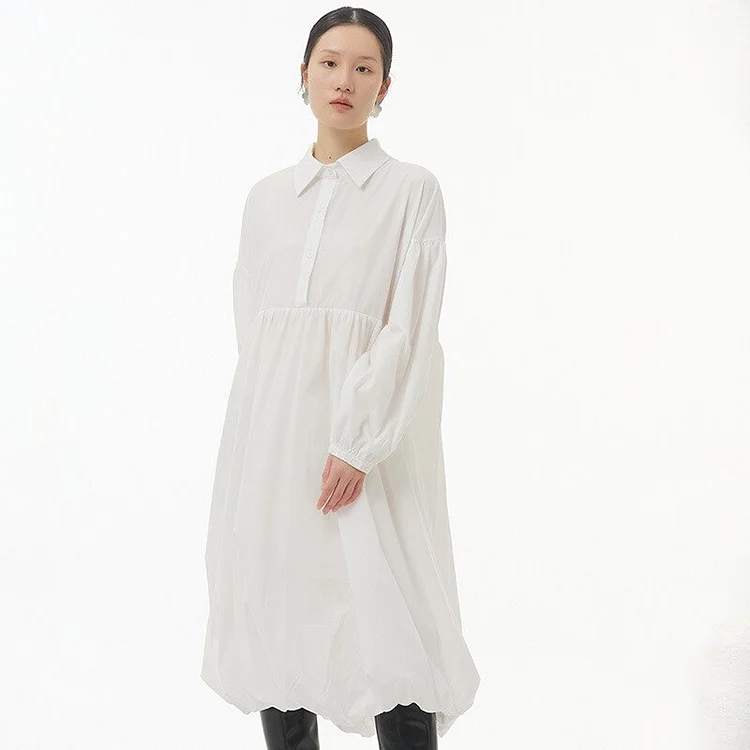 Simple Loose Solid Color Lapel Patchwork Pleated Puff Long Lantern Sleeve Dress