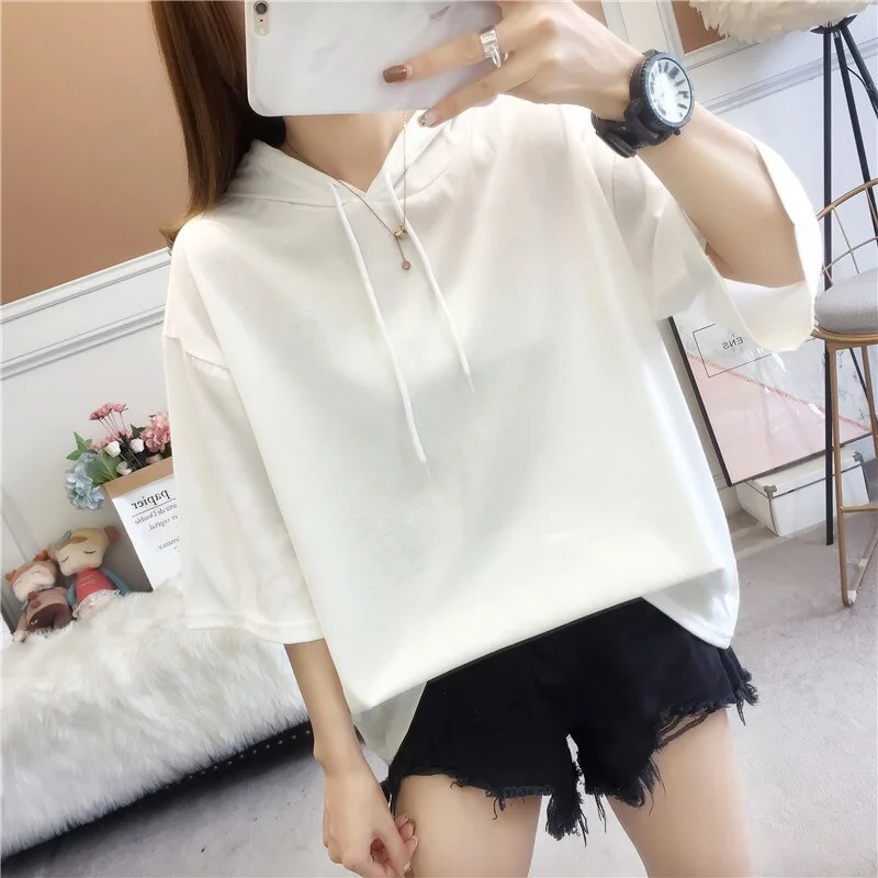 Korean solid Loose basic hooded t shirt summer cotton Short Sleeve T-shirts Women casual white tops tshirt young girl streetwear