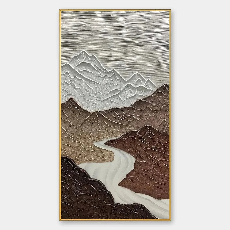 EARTH RIVER: Textured Brown and White Mountain River Landscape Painting（Canvas painting）