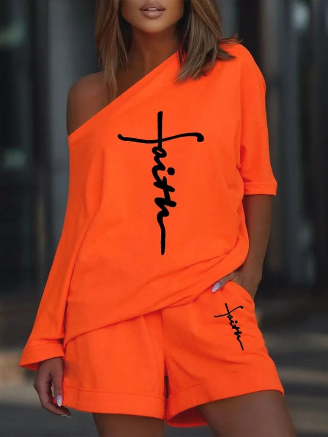 Women's Faith Printed Pumpkin Color Diagonal Shoulder Two-piece Set