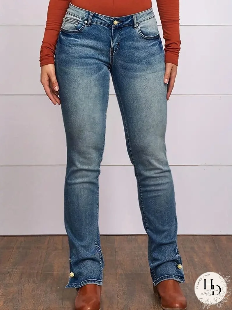 Vintage Embroidered Patchwork Bootcut Button Side Split Denim Jeans