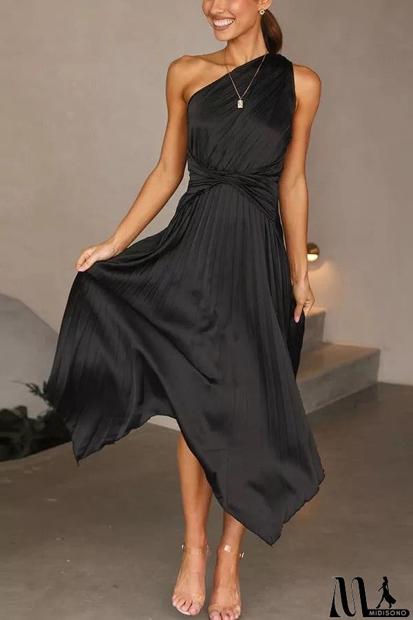 MidiSono - Satin One Shoulder Pleated Midi Dress