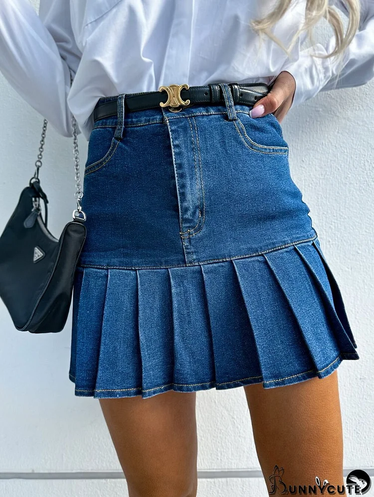 Women Fashion Denim Pleated Skirts