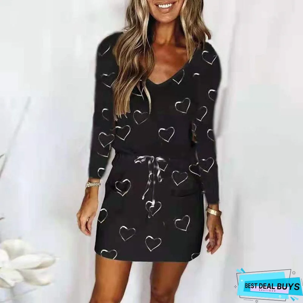 Printed V-Neck Pocket Sexy Lace-Up Long-Sleeved Dress