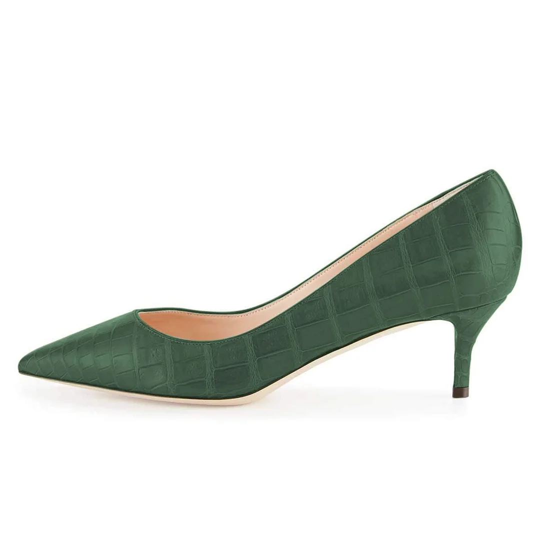 Green Vegan Leather Croc-Embossed Pointed Pumps for Elegant Ladies  