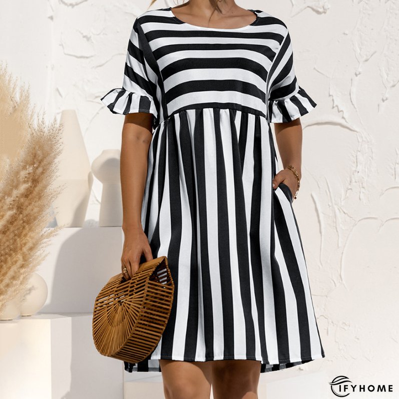 Women's Striped Print Party Ruffle Sleeves High Waist Elegant Casual Beach Dress | IFYHOME