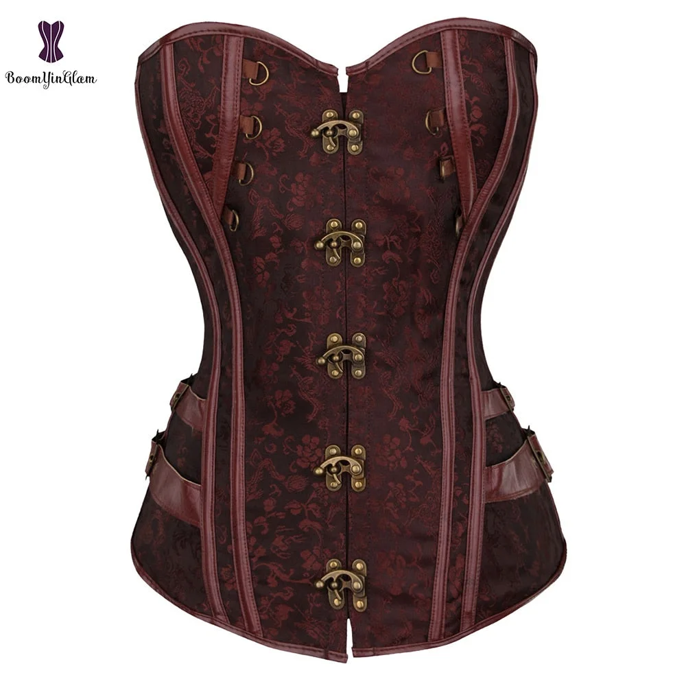Locking Closure Steam Punk Style Women Waist Shapewear Overbust Corset Bustier With G String Black Brown 916#