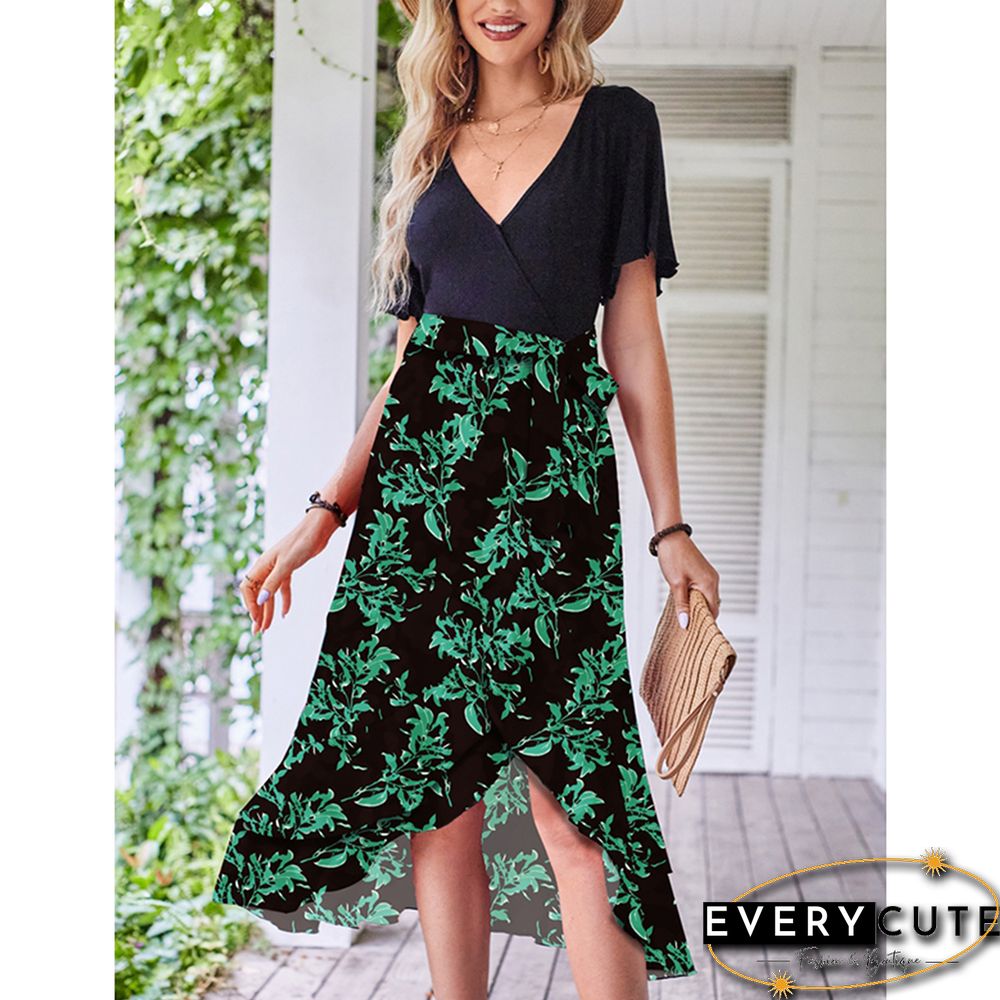Dark Green Floral Print Splicing V Neck Dress with Slit